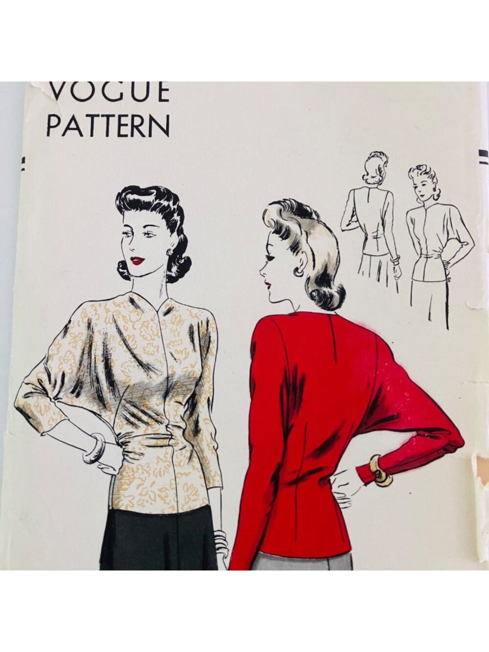 40s Vintage Vogue 9144 Dolman Sleeve Blouse Sewing Pattern Bust 30 Unprinted